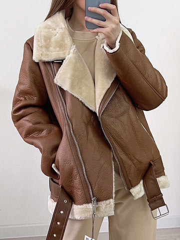 Airchics manteau aviateur en cuir doublé polaire femme perfecto veste marron